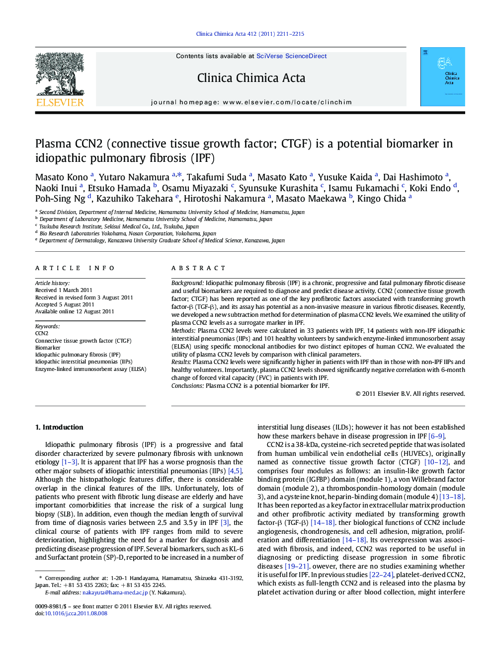 Plasma CCN2 (connective tissue growth factor; CTGF) is a potential biomarker in idiopathic pulmonary fibrosis (IPF)