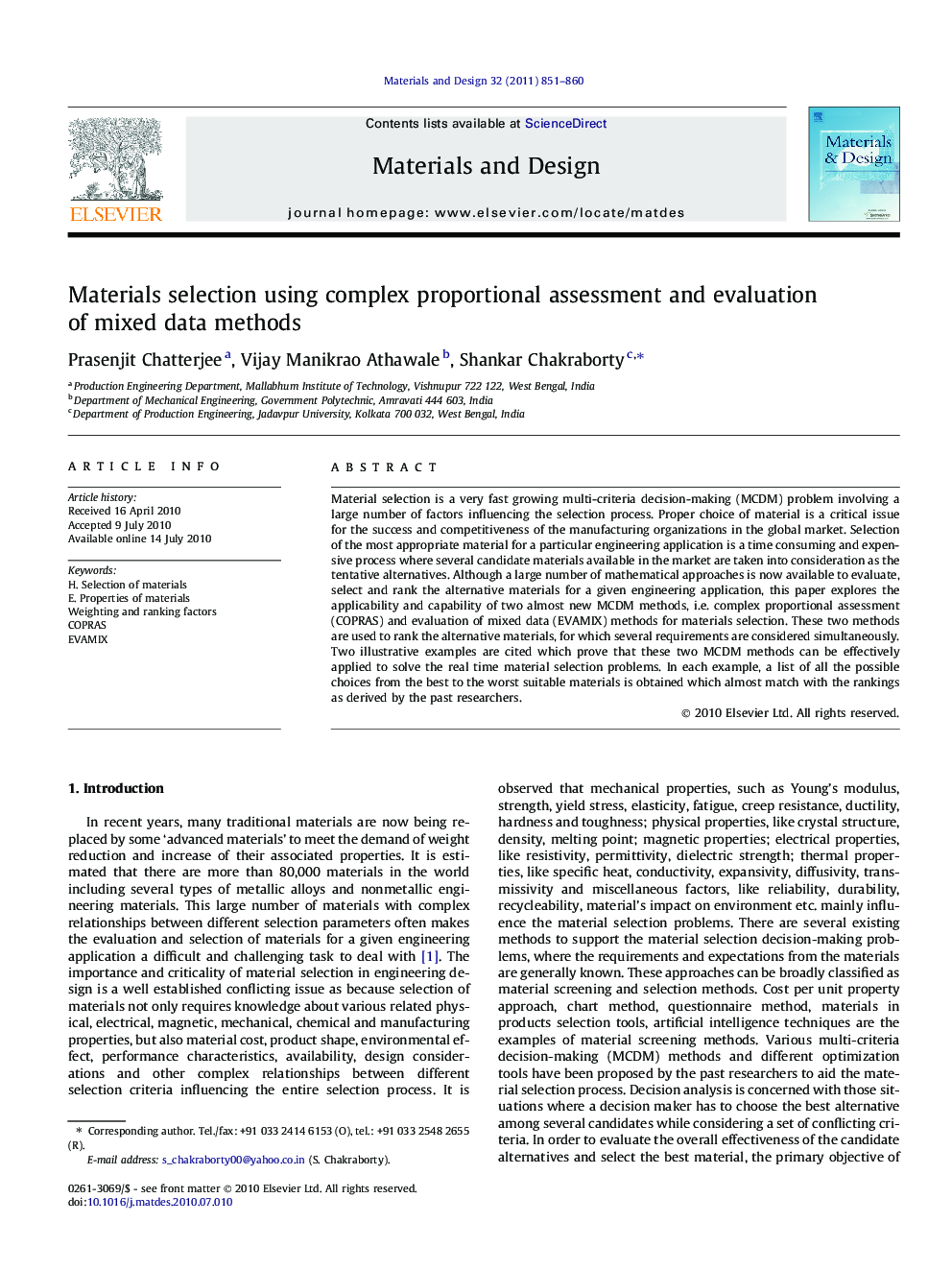 Materials selection using complex proportional assessment and evaluation of mixed data methods
