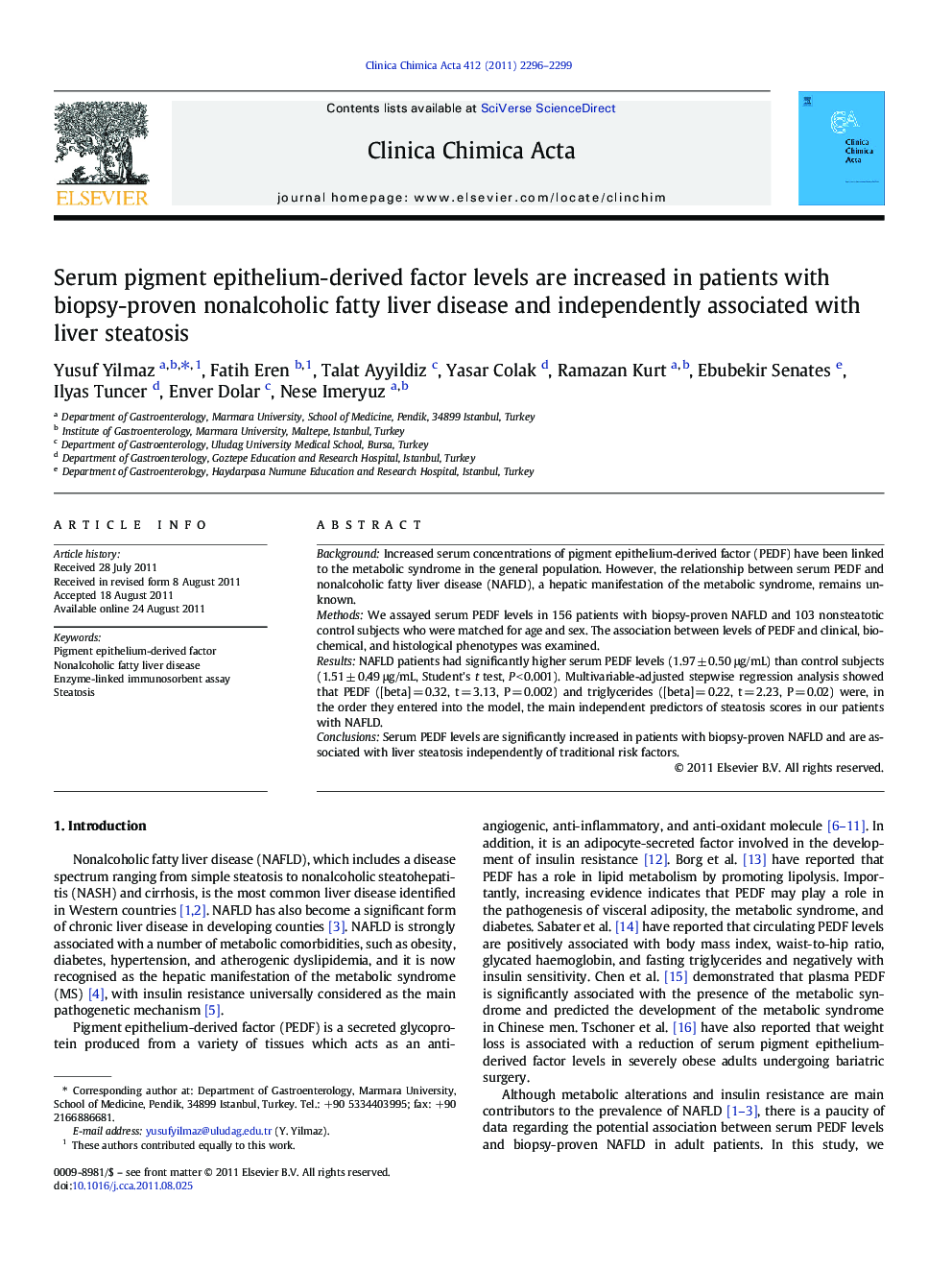 Serum pigment epithelium-derived factor levels are increased in patients with biopsy-proven nonalcoholic fatty liver disease and independently associated with liver steatosis