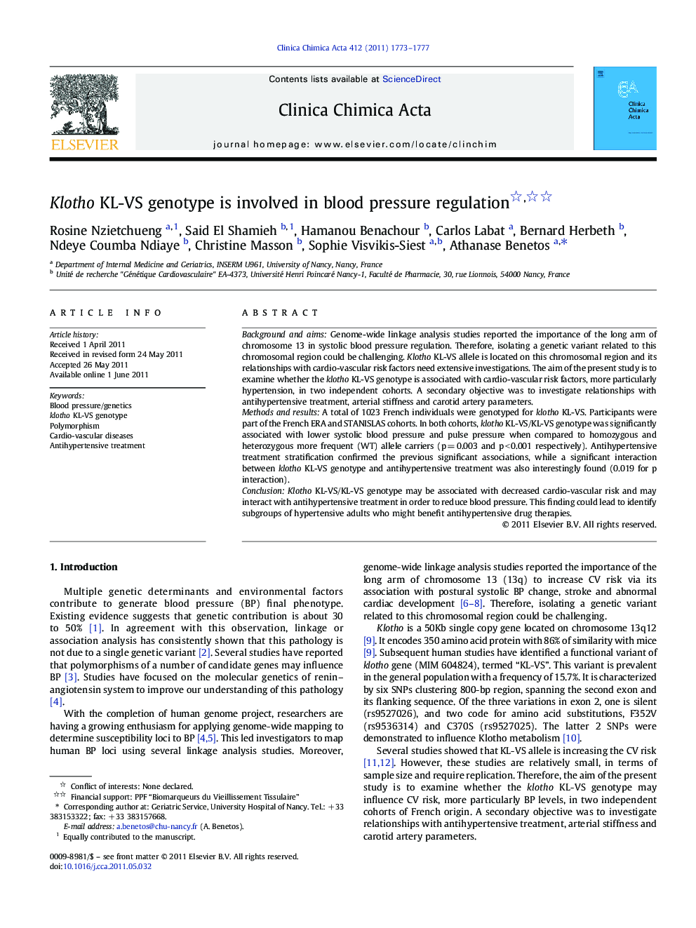 Klotho KL-VS genotype is involved in blood pressure regulation