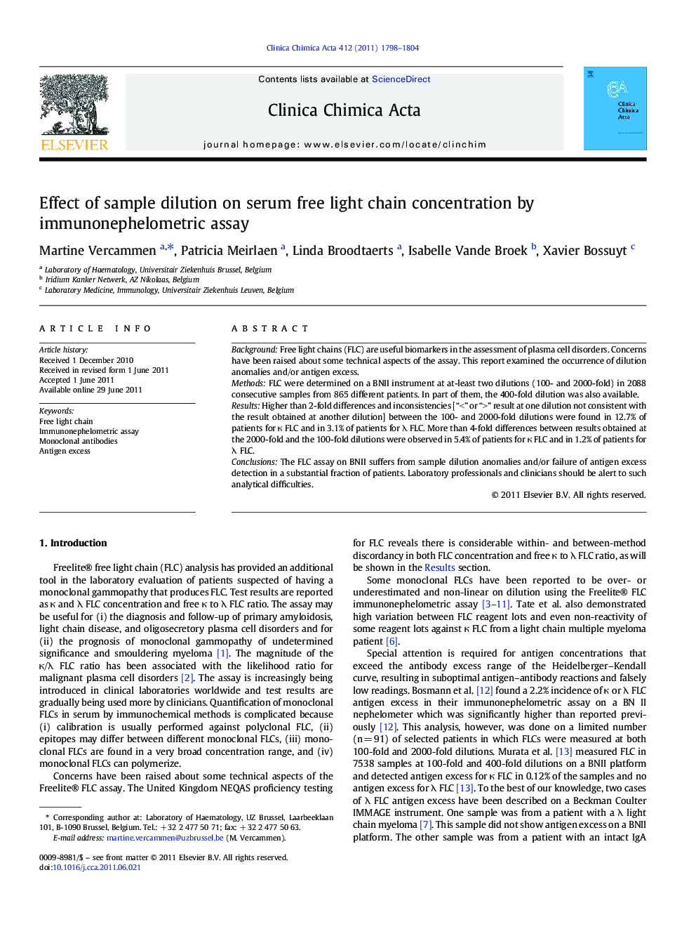 Effect of sample dilution on serum free light chain concentration by immunonephelometric assay