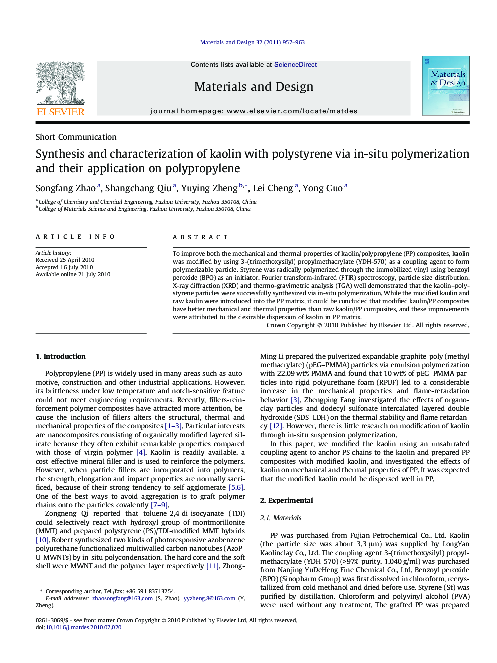 Synthesis and characterization of kaolin with polystyrene via in-situ polymerization and their application on polypropylene
