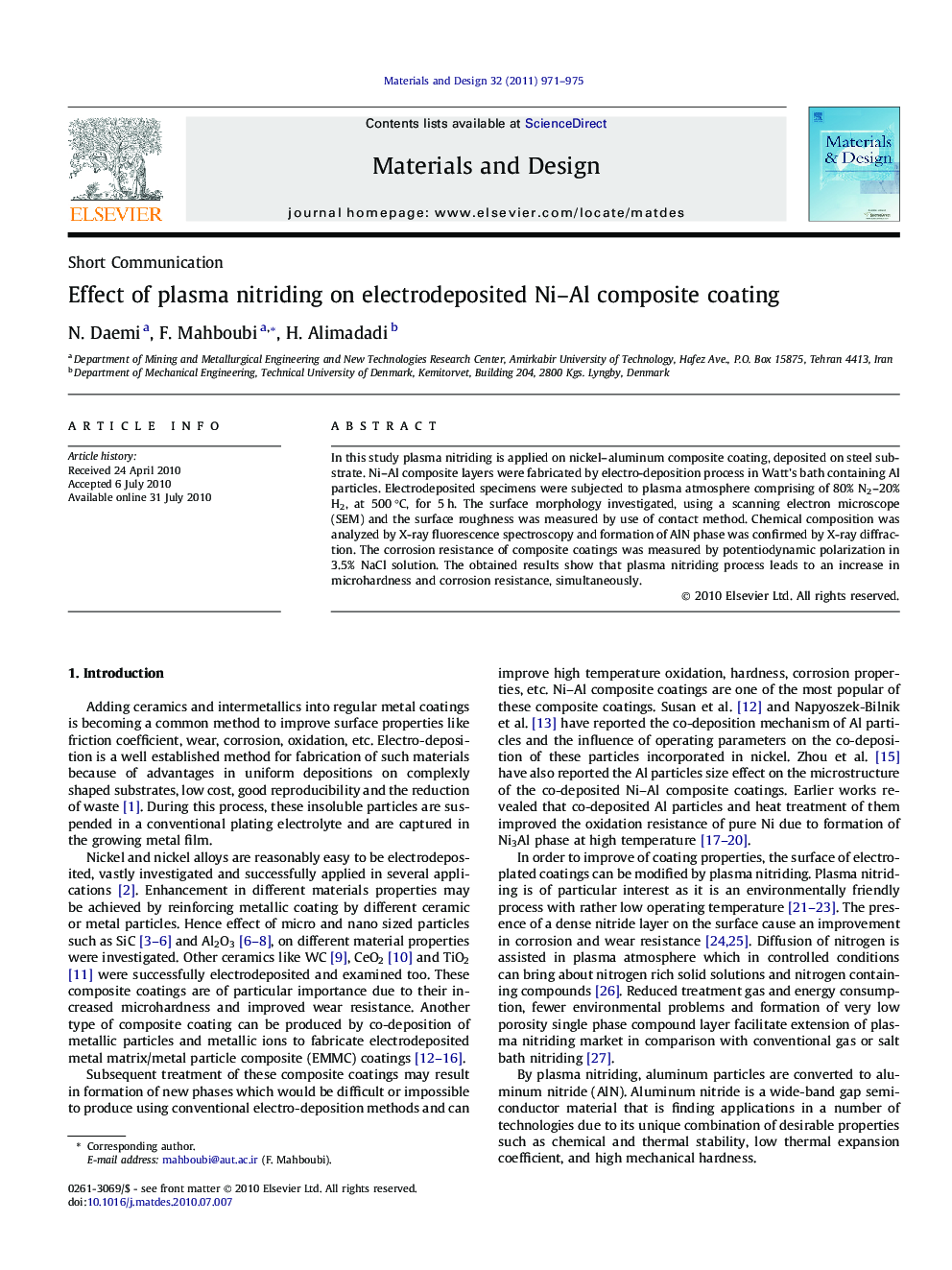 Effect of plasma nitriding on electrodeposited Ni–Al composite coating