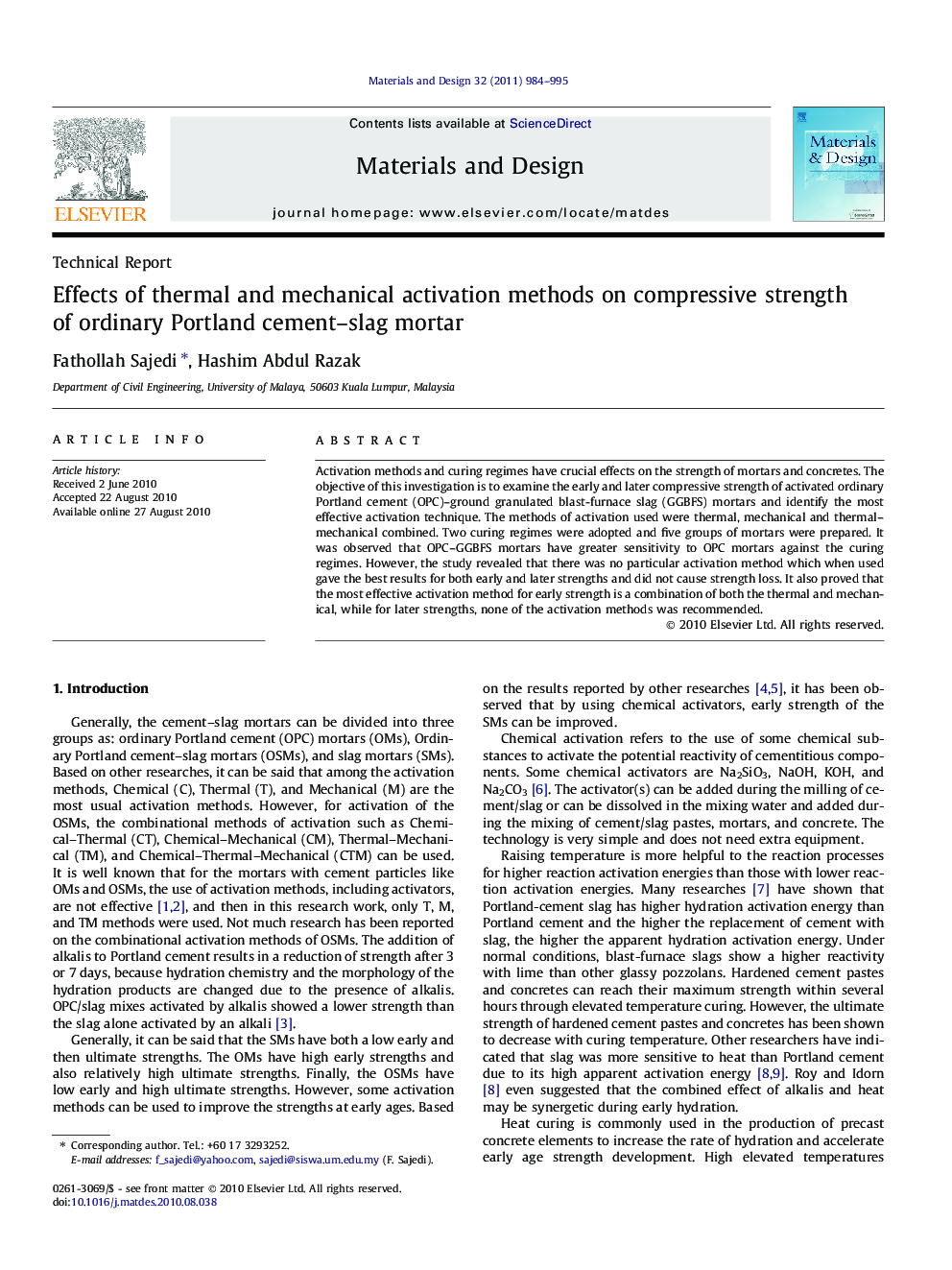 Effects of thermal and mechanical activation methods on compressive strength of ordinary Portland cement–slag mortar