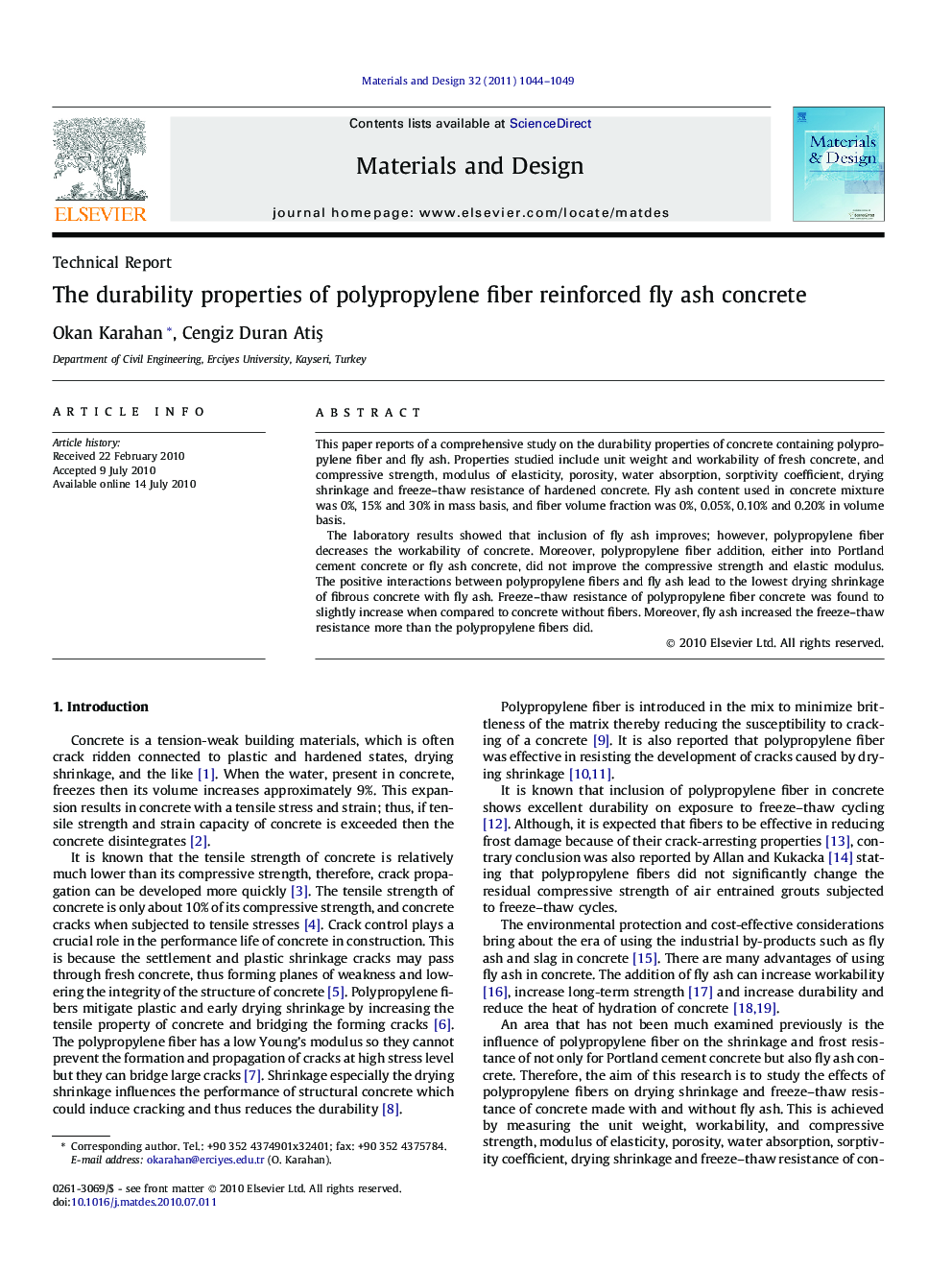 The durability properties of polypropylene fiber reinforced fly ash concrete