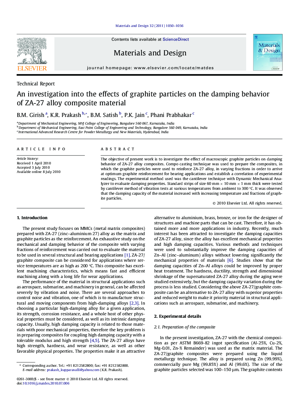 An investigation into the effects of graphite particles on the damping behavior of ZA-27 alloy composite material