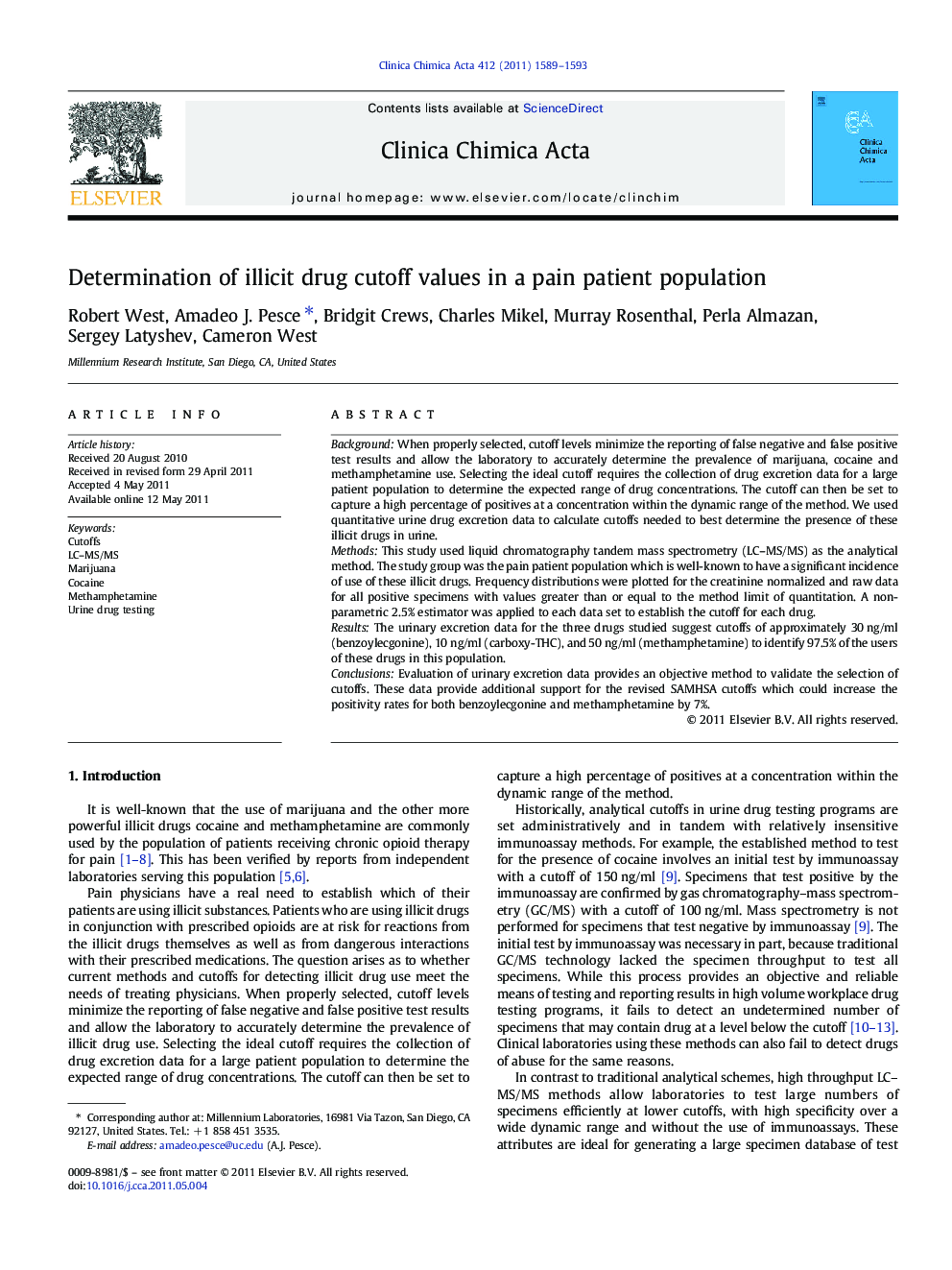 Determination of illicit drug cutoff values in a pain patient population