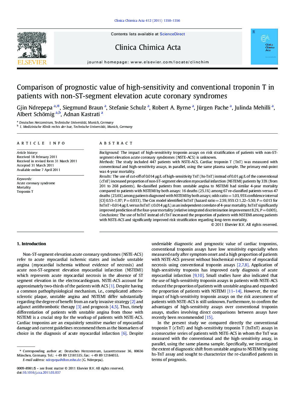 Comparison of prognostic value of high-sensitivity and conventional troponin T in patients with non-ST-segment elevation acute coronary syndromes