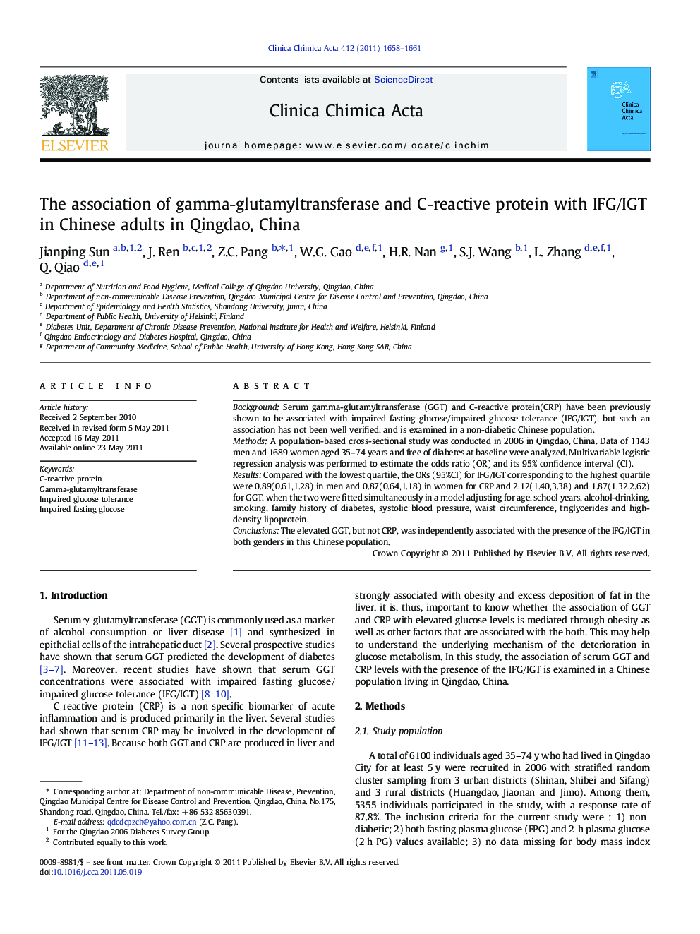 The association of gamma-glutamyltransferase and C-reactive protein with IFG/IGT in Chinese adults in Qingdao, China