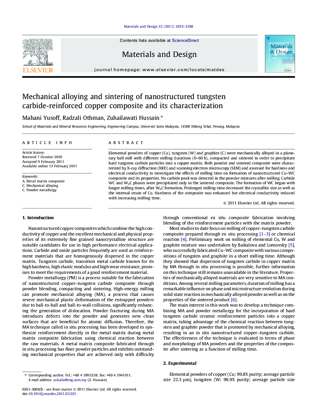 Mechanical alloying and sintering of nanostructured tungsten carbide-reinforced copper composite and its characterization