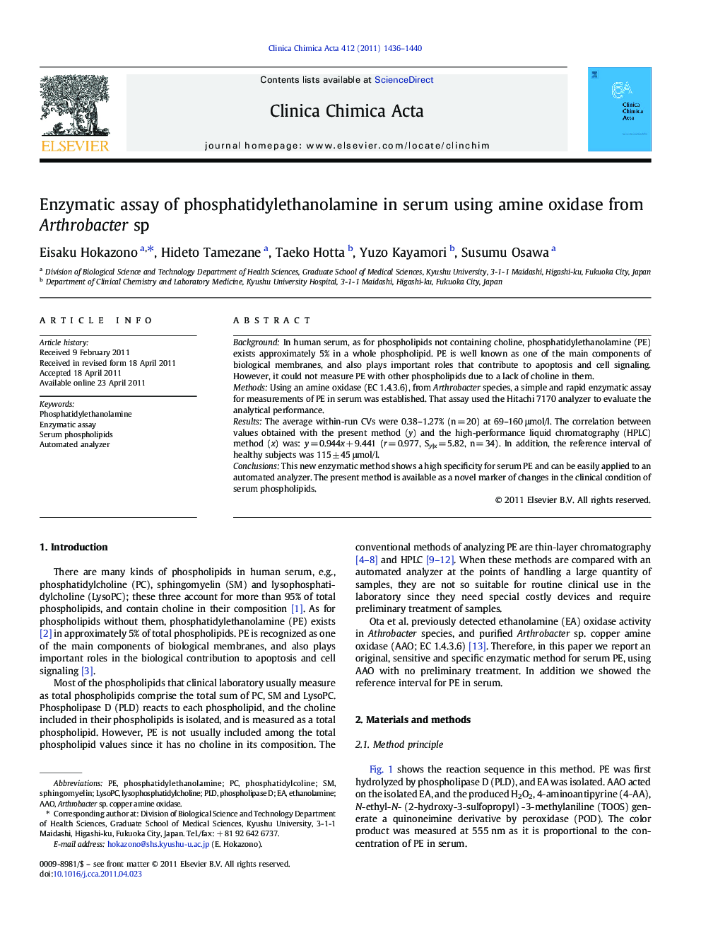 Enzymatic assay of phosphatidylethanolamine in serum using amine oxidase from Arthrobacter sp