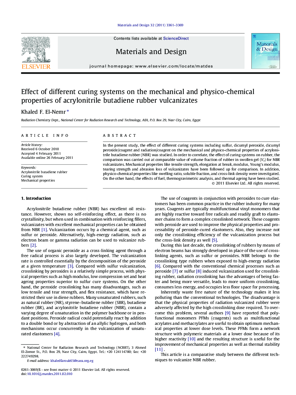 Effect of different curing systems on the mechanical and physico-chemical properties of acrylonitrile butadiene rubber vulcanizates