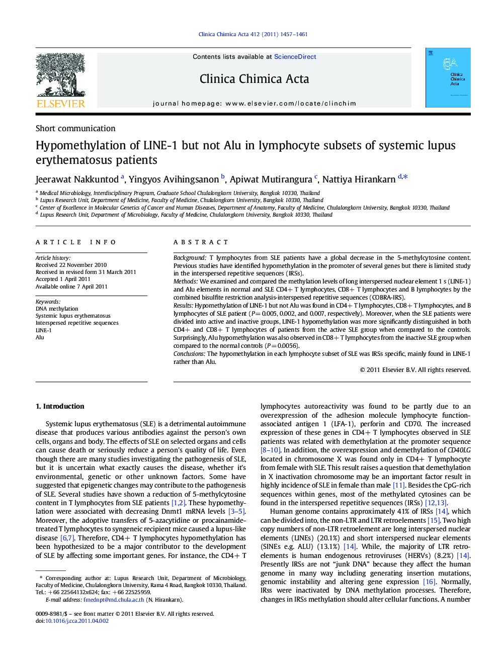 Hypomethylation of LINE-1 but not Alu in lymphocyte subsets of systemic lupus erythematosus patients