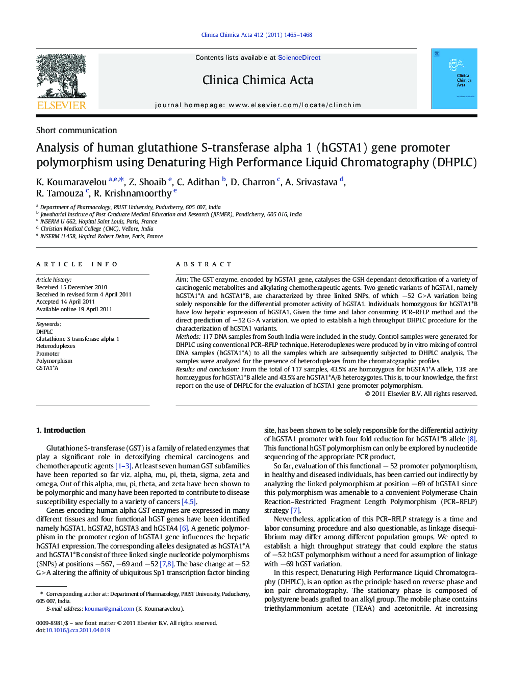 Analysis of human glutathione S-transferase alpha 1 (hGSTA1) gene promoter polymorphism using Denaturing High Performance Liquid Chromatography (DHPLC)