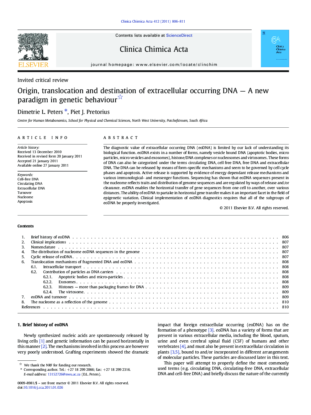عکس صفحه اول مقاله: Origin, translocation and destination of extracellular occurring DNA - A new paradigm in genetic behaviour Origin, translocation and destination of extracellular occurring DNA - A new paradigm in genetic behaviour