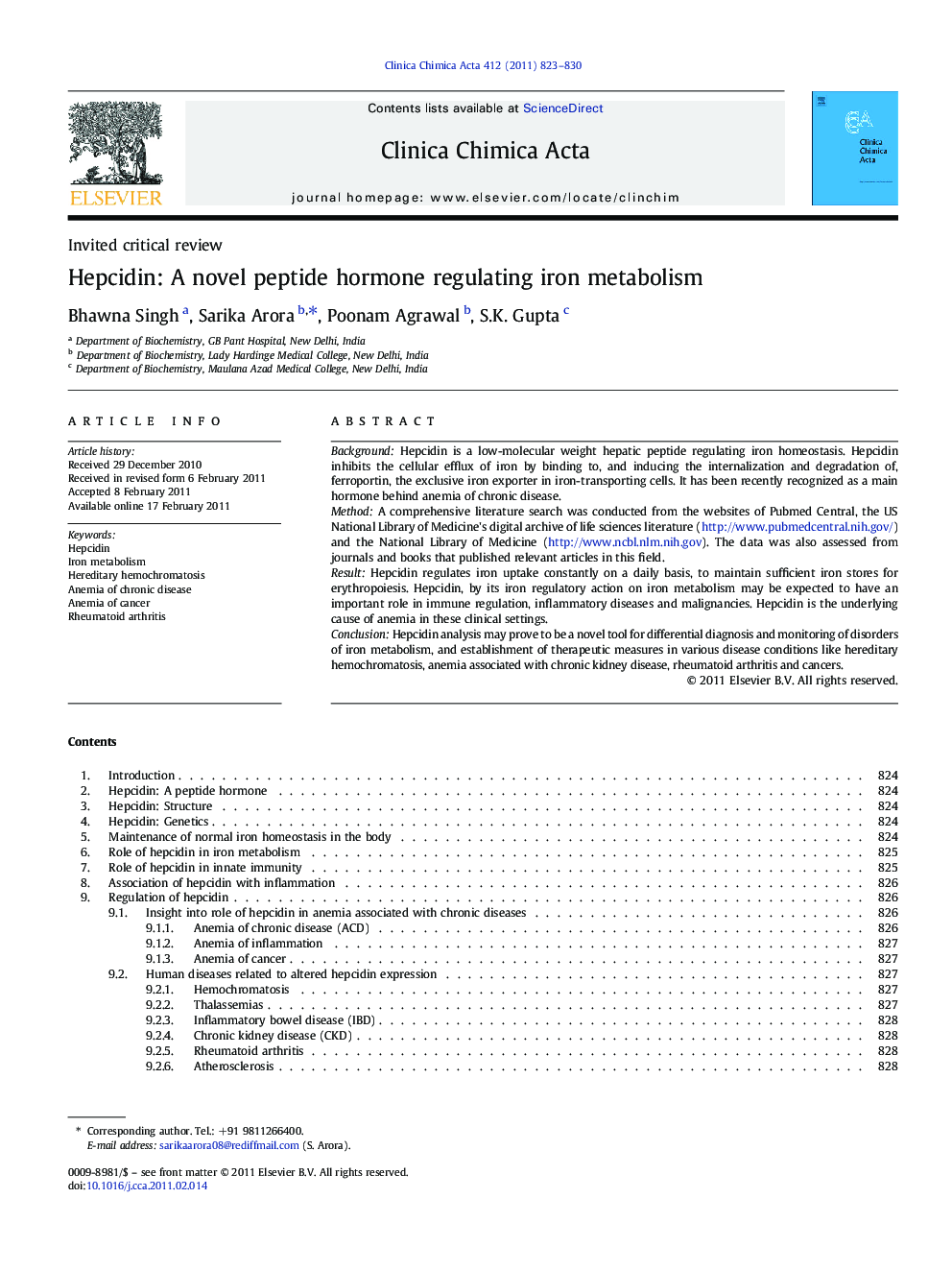 Hepcidin: A novel peptide hormone regulating iron metabolism