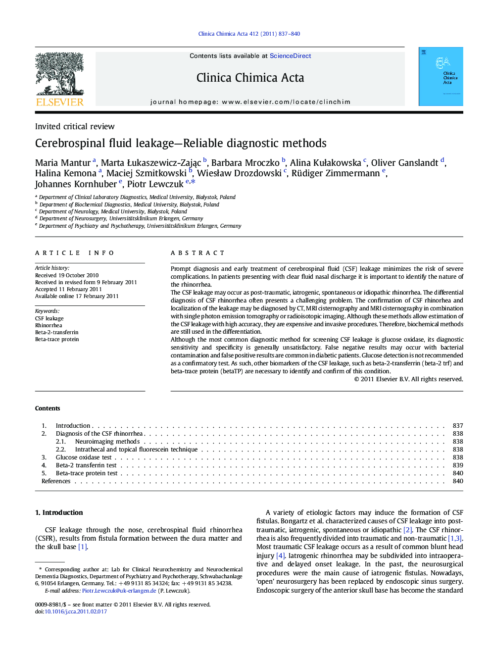 Cerebrospinal fluid leakage-Reliable diagnostic methods