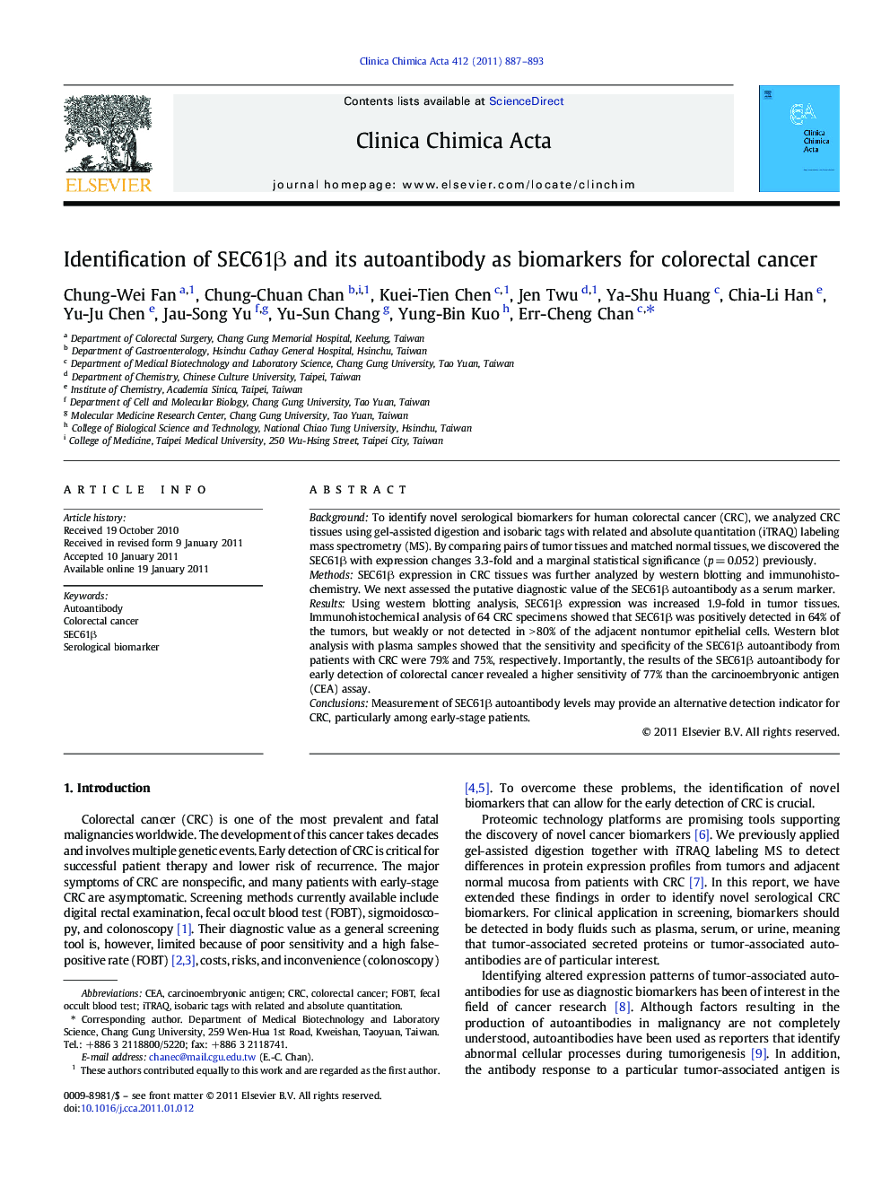 Identification of SEC61Î² and its autoantibody as biomarkers for colorectal cancer