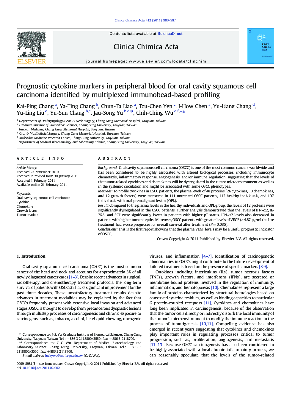 Prognostic cytokine markers in peripheral blood for oral cavity squamous cell carcinoma identified by multiplexed immunobead-based profiling