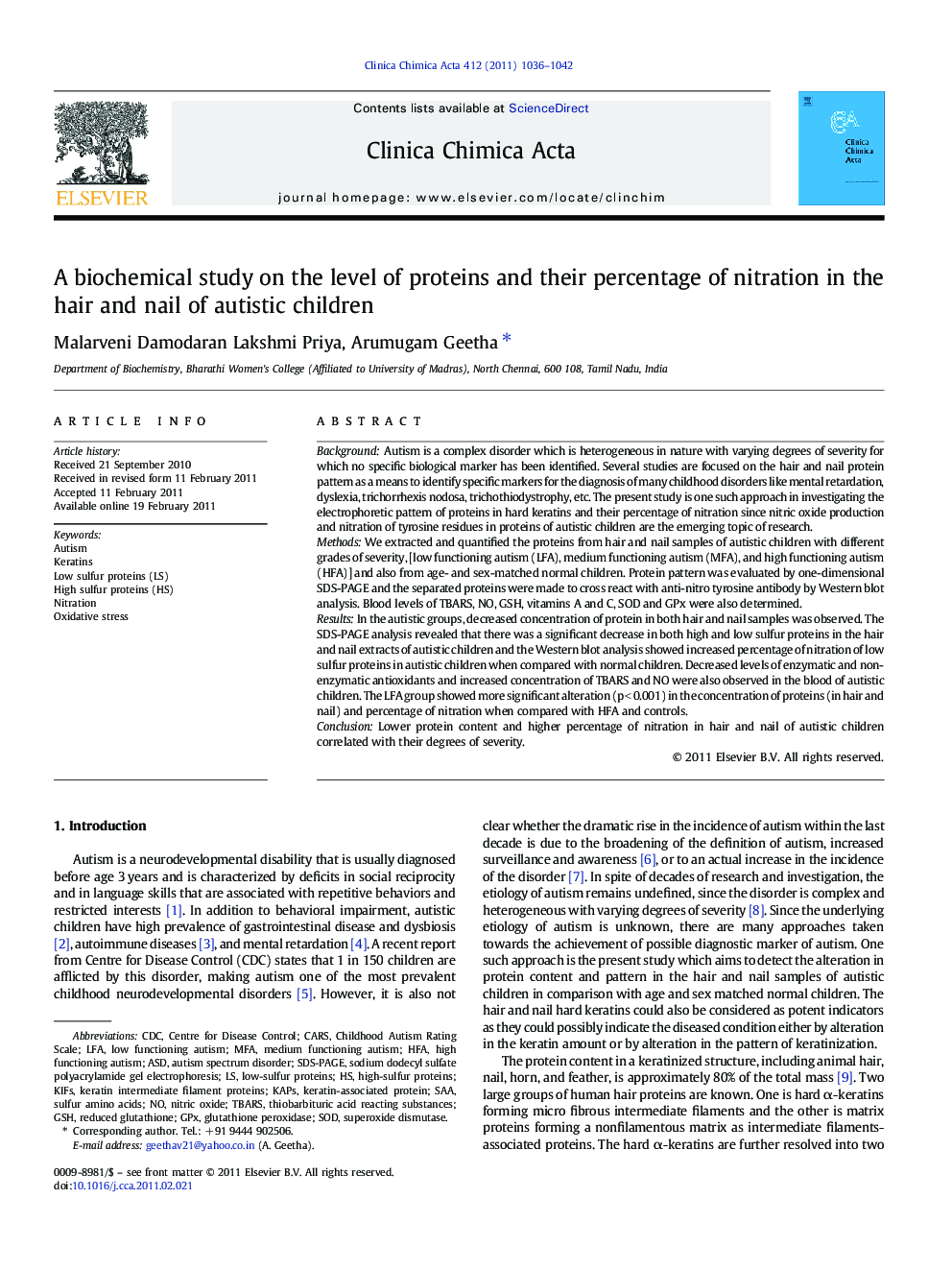 A biochemical study on the level of proteins and their percentage of nitration in the hair and nail of autistic children