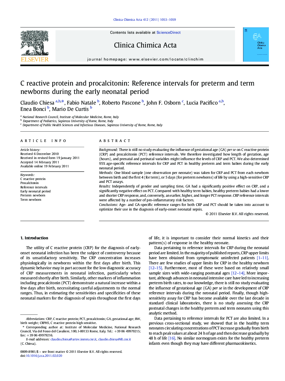 C reactive protein and procalcitonin: Reference intervals for preterm and term newborns during the early neonatal period