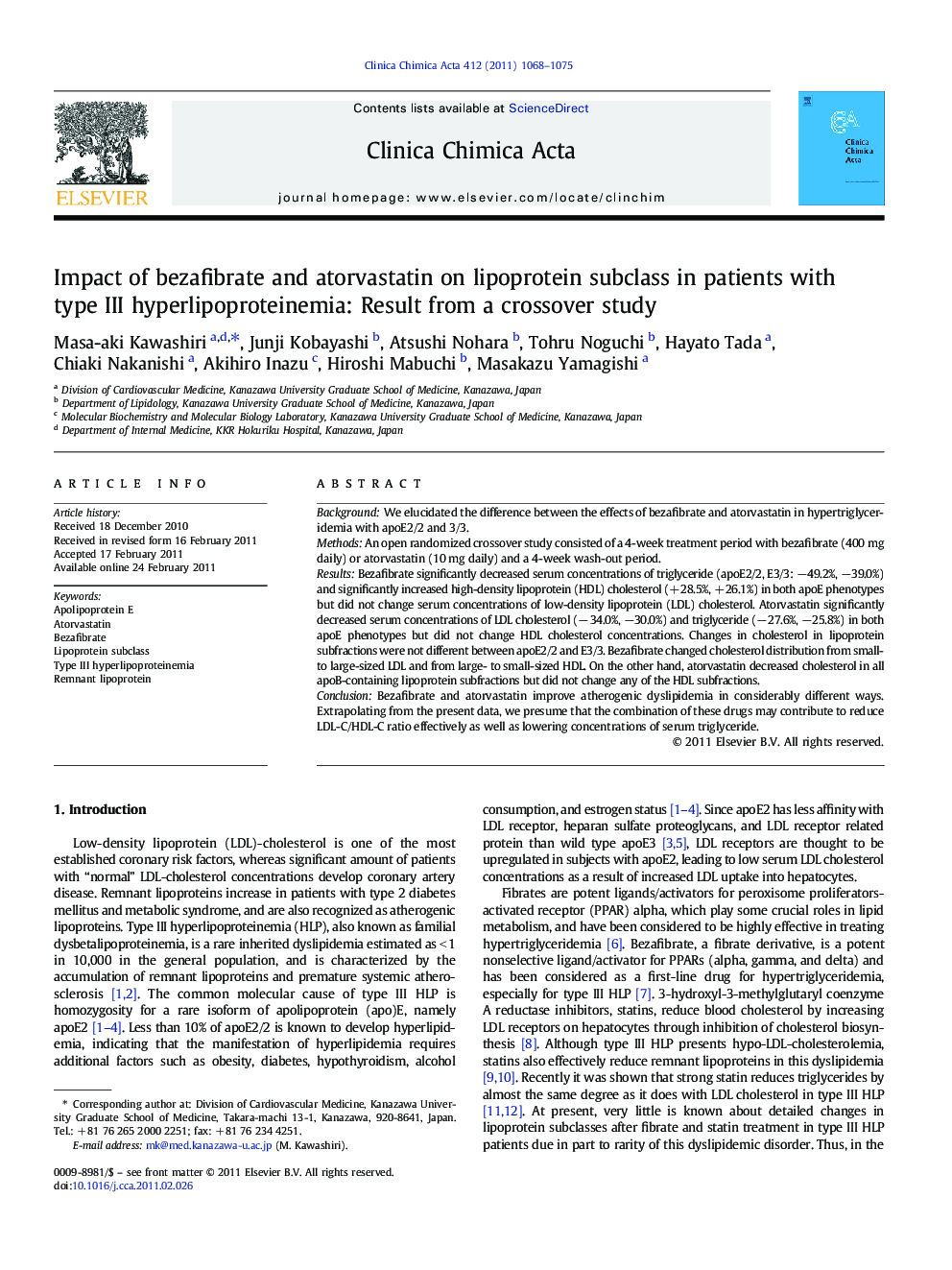 Impact of bezafibrate and atorvastatin on lipoprotein subclass in patients with type III hyperlipoproteinemia: Result from a crossover study