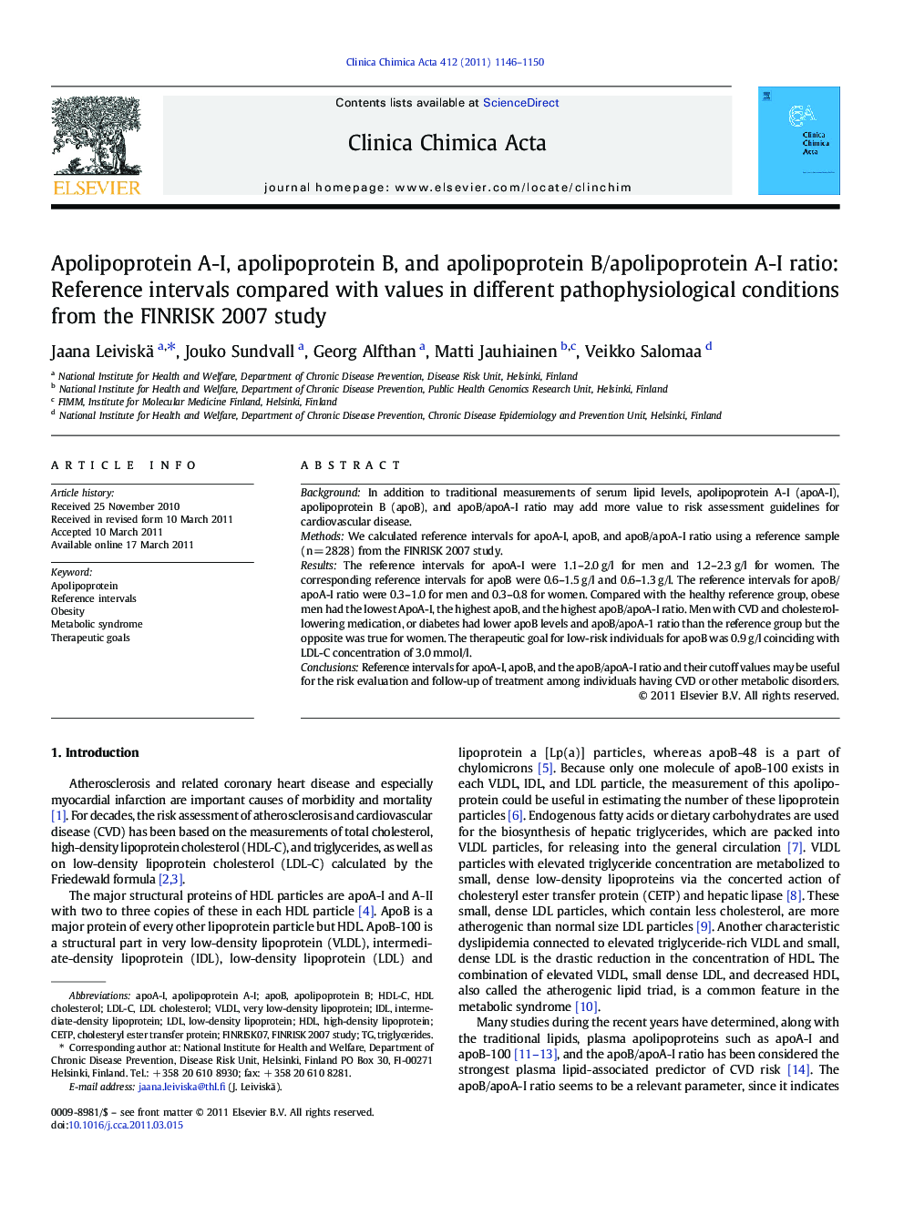 Apolipoprotein A-I, apolipoprotein B, and apolipoprotein B/apolipoprotein A-I ratio: Reference intervals compared with values in different pathophysiological conditions from the FINRISK 2007 study