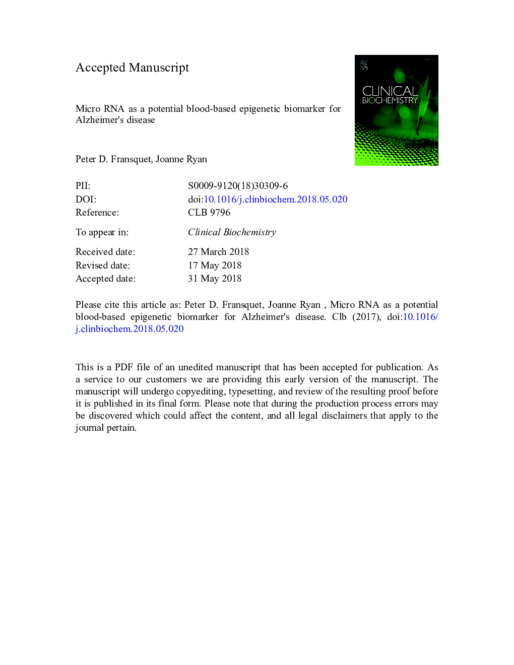 Micro RNA as a potential blood-based epigenetic biomarker for Alzheimer's disease