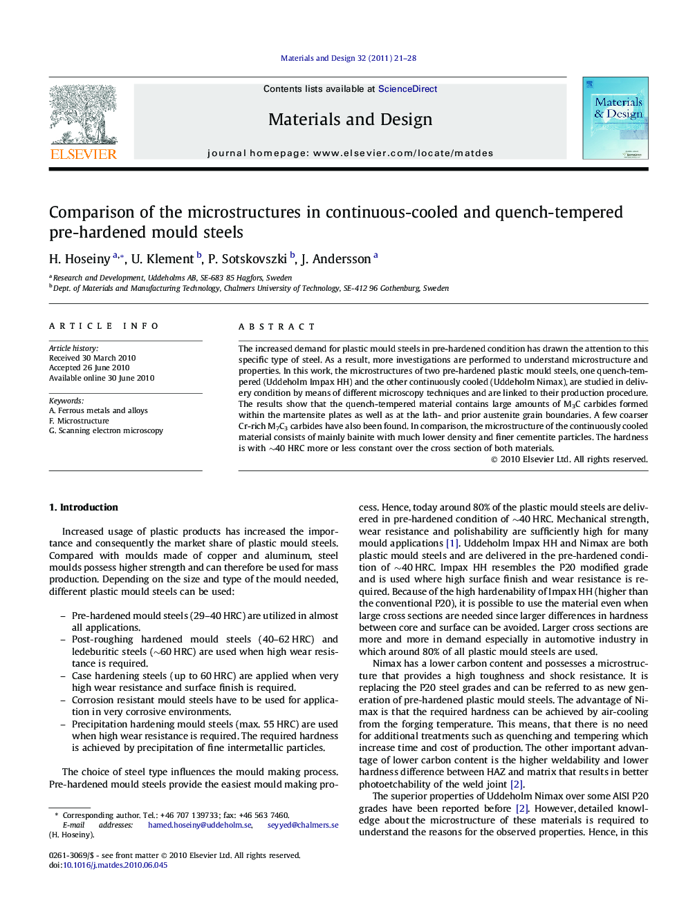 Comparison of the microstructures in continuous-cooled and quench-tempered pre-hardened mould steels