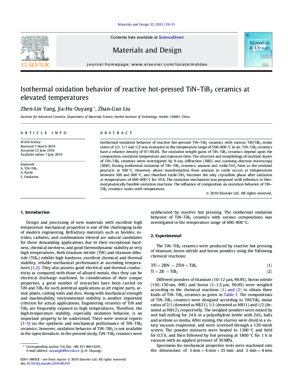 Isothermal oxidation behavior of reactive hot-pressed TiN–TiB2 ceramics at elevated temperatures