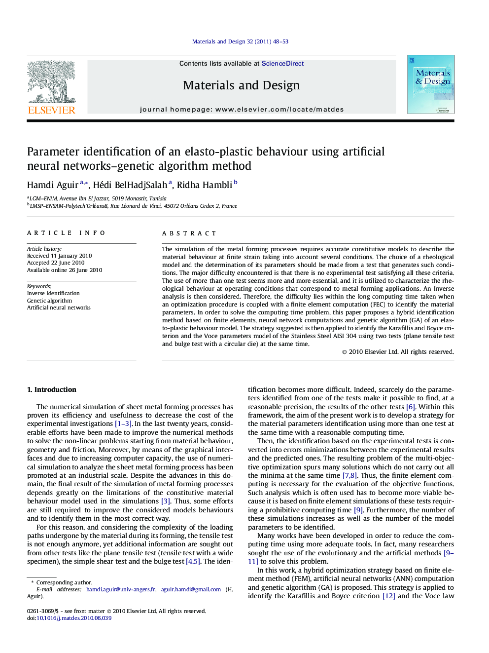 Parameter identification of an elasto-plastic behaviour using artificial neural networks–genetic algorithm method