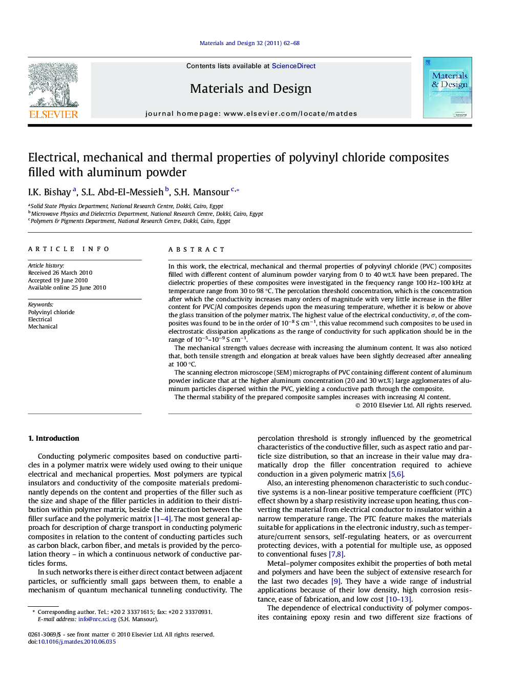 Electrical, mechanical and thermal properties of polyvinyl chloride composites filled with aluminum powder