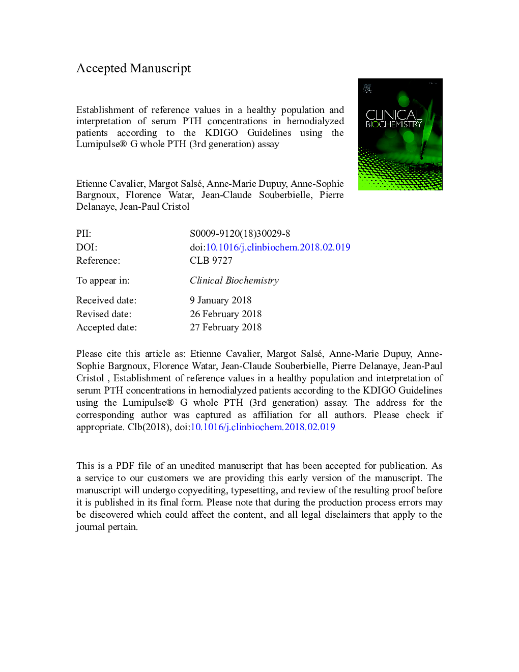 Establishment of reference values in a healthy population and interpretation of serum PTH concentrations in hemodialyzed patients according to the KDIGO Guidelines using the Lumipulse® G whole PTH (3rd generation) assay