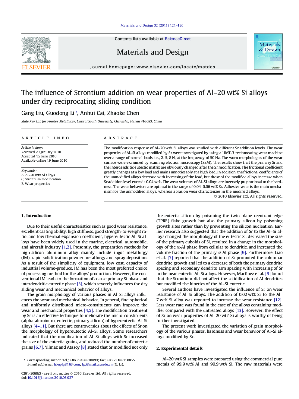 The influence of Strontium addition on wear properties of Al–20 wt% Si alloys under dry reciprocating sliding condition