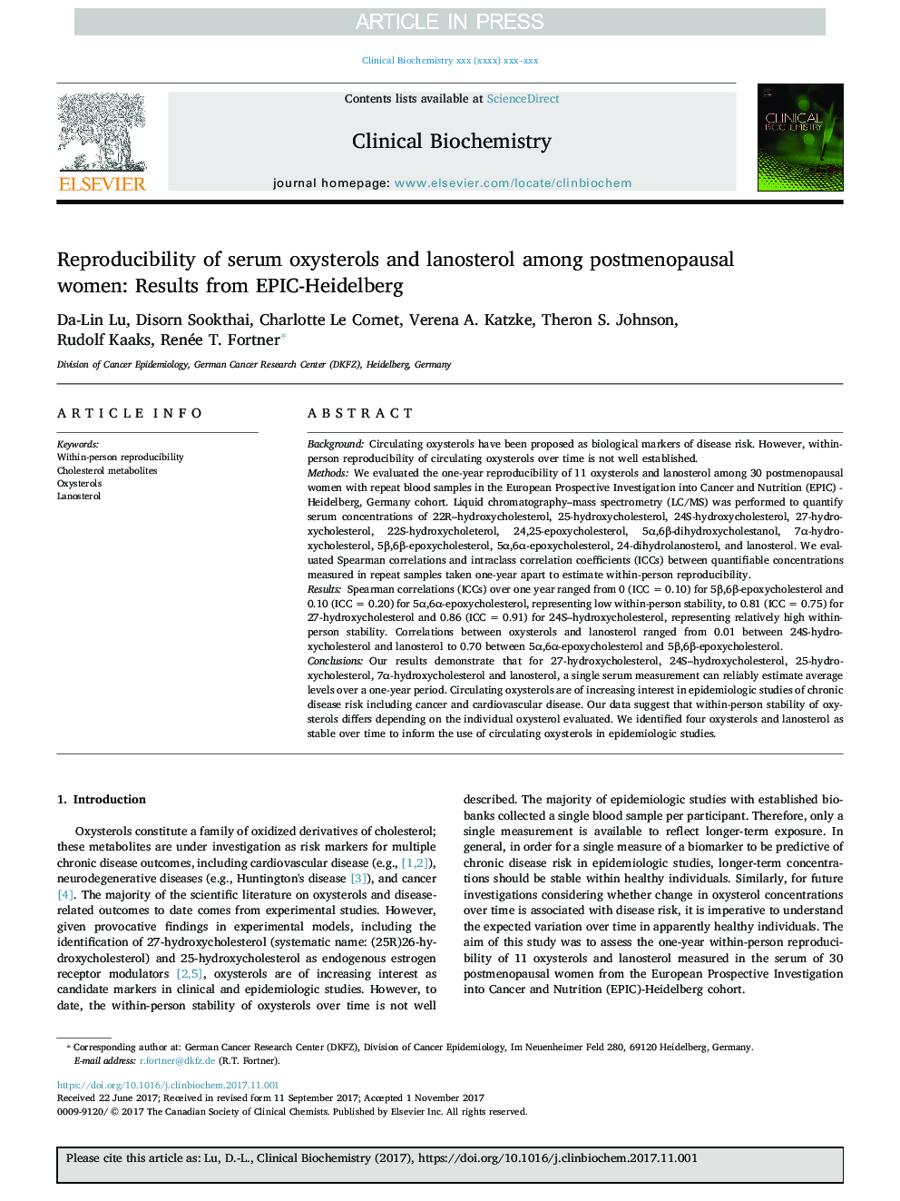 Reproducibility of serum oxysterols and lanosterol among postmenopausal women: Results from EPIC-Heidelberg