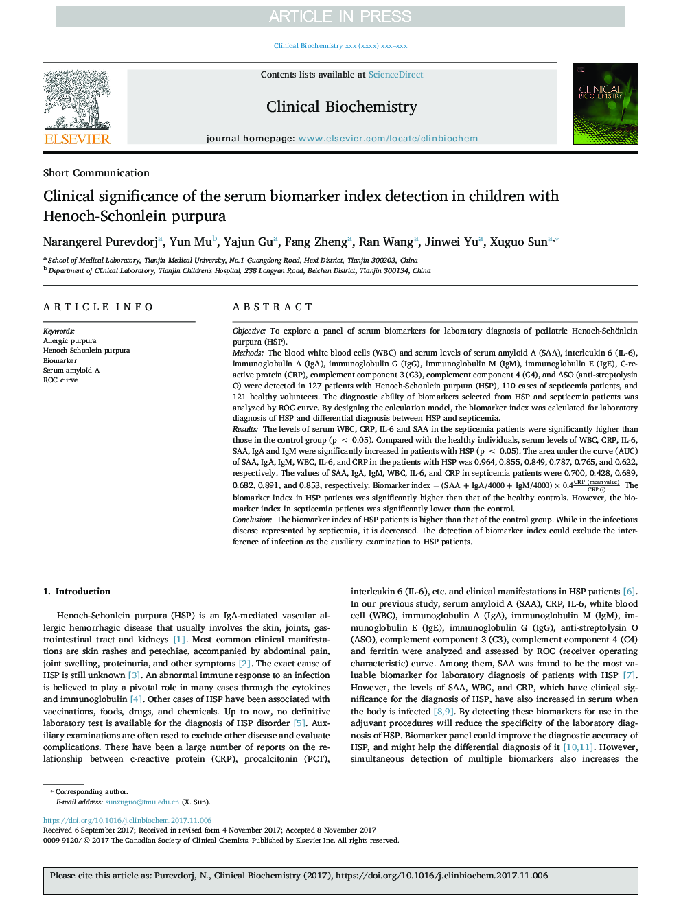 Clinical significance of the serum biomarker index detection in children with Henoch-Schonlein purpura