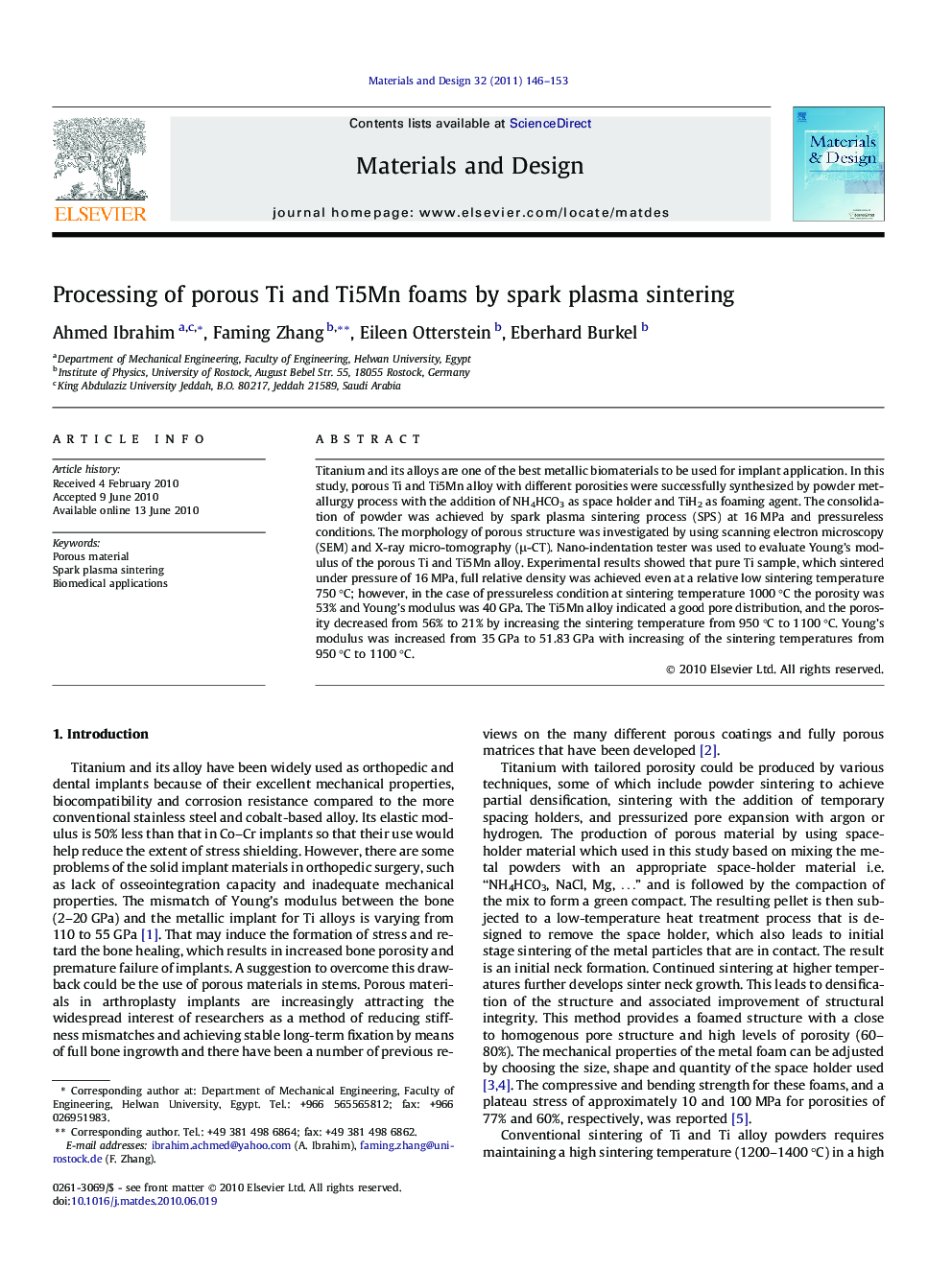 Processing of porous Ti and Ti5Mn foams by spark plasma sintering