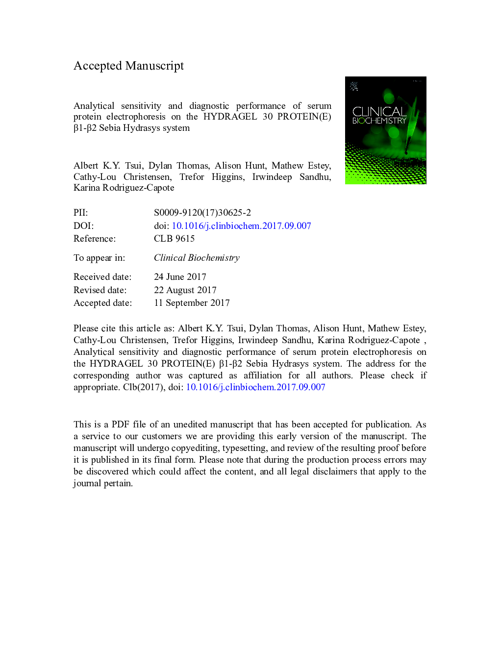 Analytical sensitivity and diagnostic performance of serum protein electrophoresis on the HYDRAGEL 30 PROTEIN(E) Î²1-Î²2 Sebia Hydrasys system