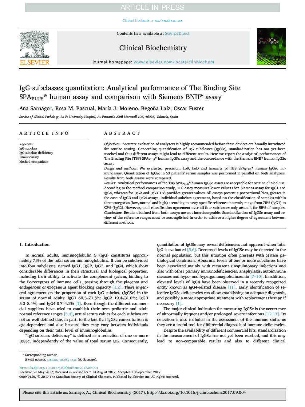 IgG subclasses quantitation: Analytical performance of The Binding Site SPAPLUS® human assay and comparison with Siemens BNII® assay