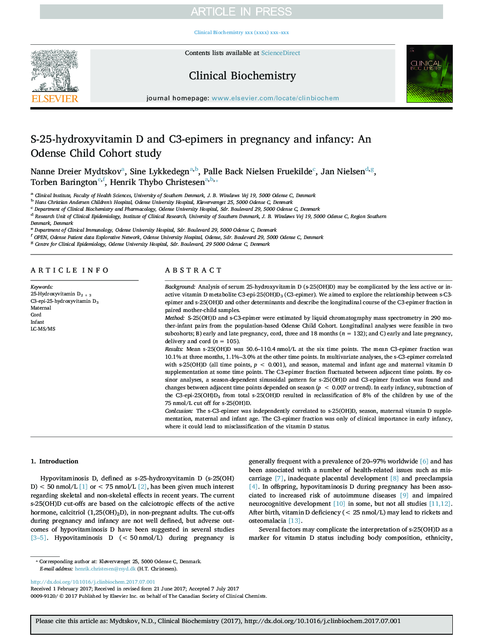 S-25-hydroxyvitamin D and C3-epimers in pregnancy and infancy: An Odense Child Cohort study