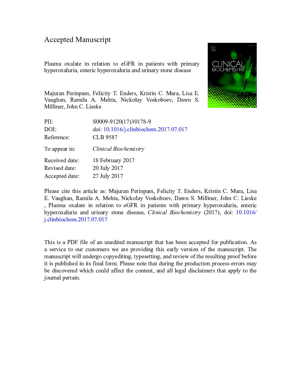 Plasma oxalate in relation to eGFR in patients with primary hyperoxaluria, enteric hyperoxaluria and urinary stone disease