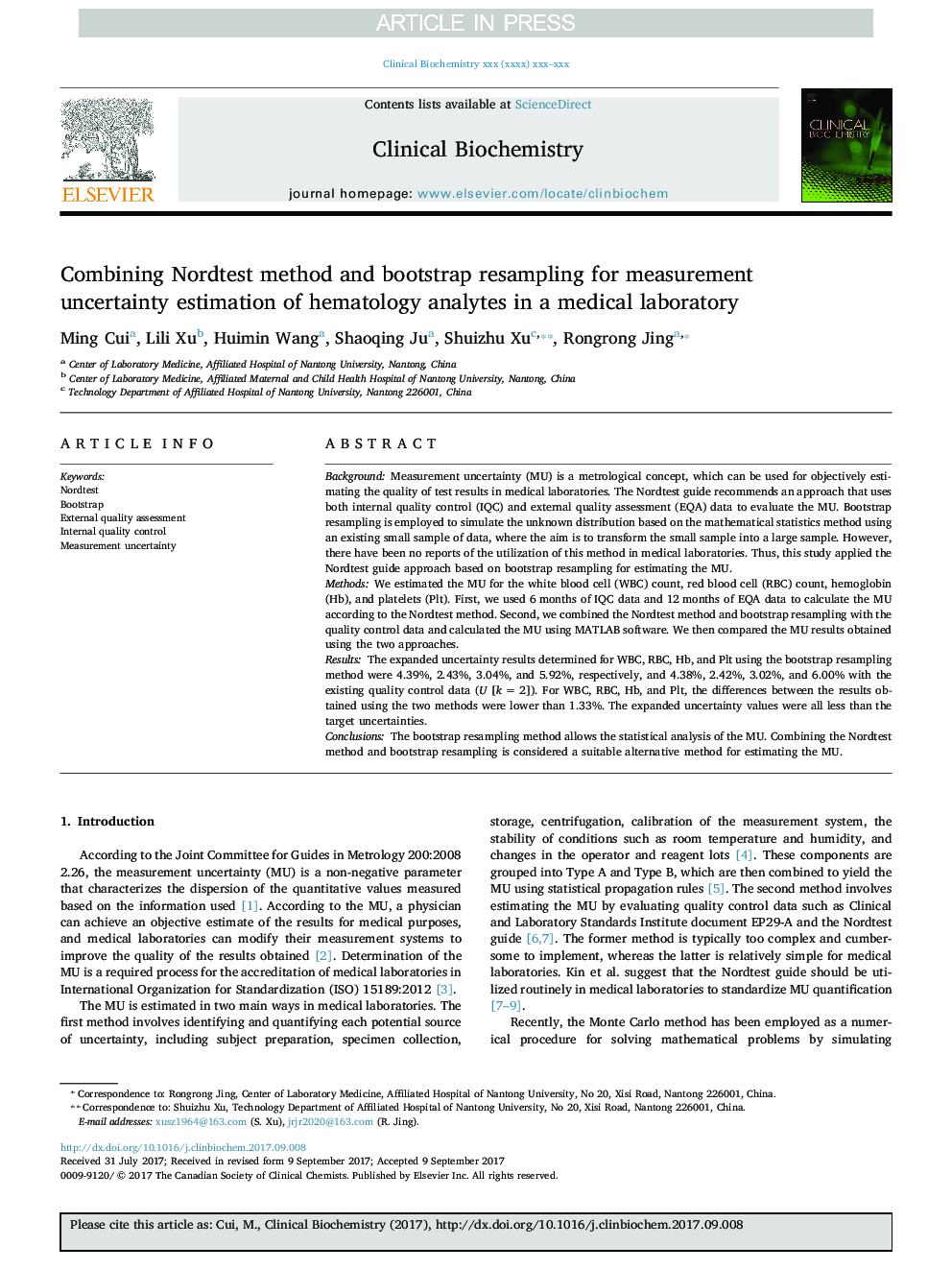 Combining Nordtest method and bootstrap resampling for measurement uncertainty estimation of hematology analytes in a medical laboratory