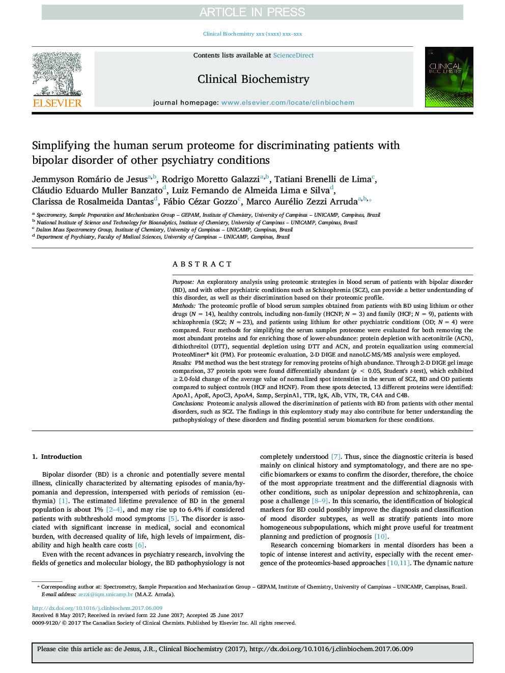 Simplifying the human serum proteome for discriminating patients with bipolar disorder of other psychiatry conditions