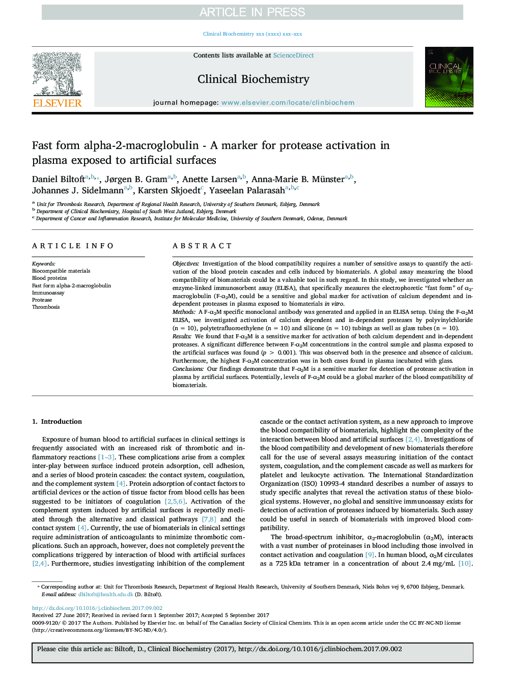 Fast form alpha-2-macroglobulin - A marker for protease activation in plasma exposed to artificial surfaces