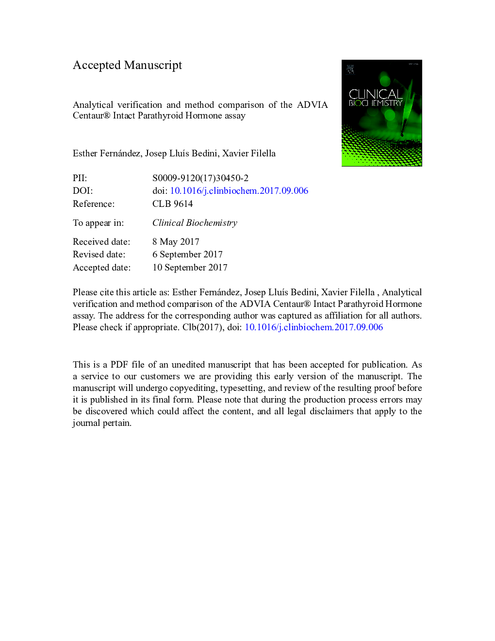 عکس صفحه اول مقاله: Analytical verification and method comparison of the ADVIA Centaur® Intact Parathyroid Hormone assay Analytical verification and method comparison of the ADVIA Centaur® Intact Parathyroid Hormone assay