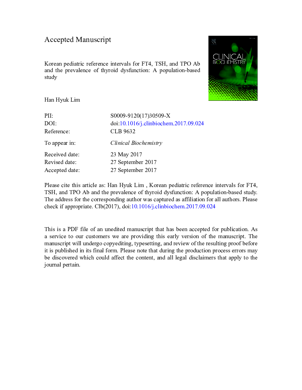 Korean pediatric reference intervals for FT4, TSH, and TPO Ab and the prevalence of thyroid dysfunction: A population-based study