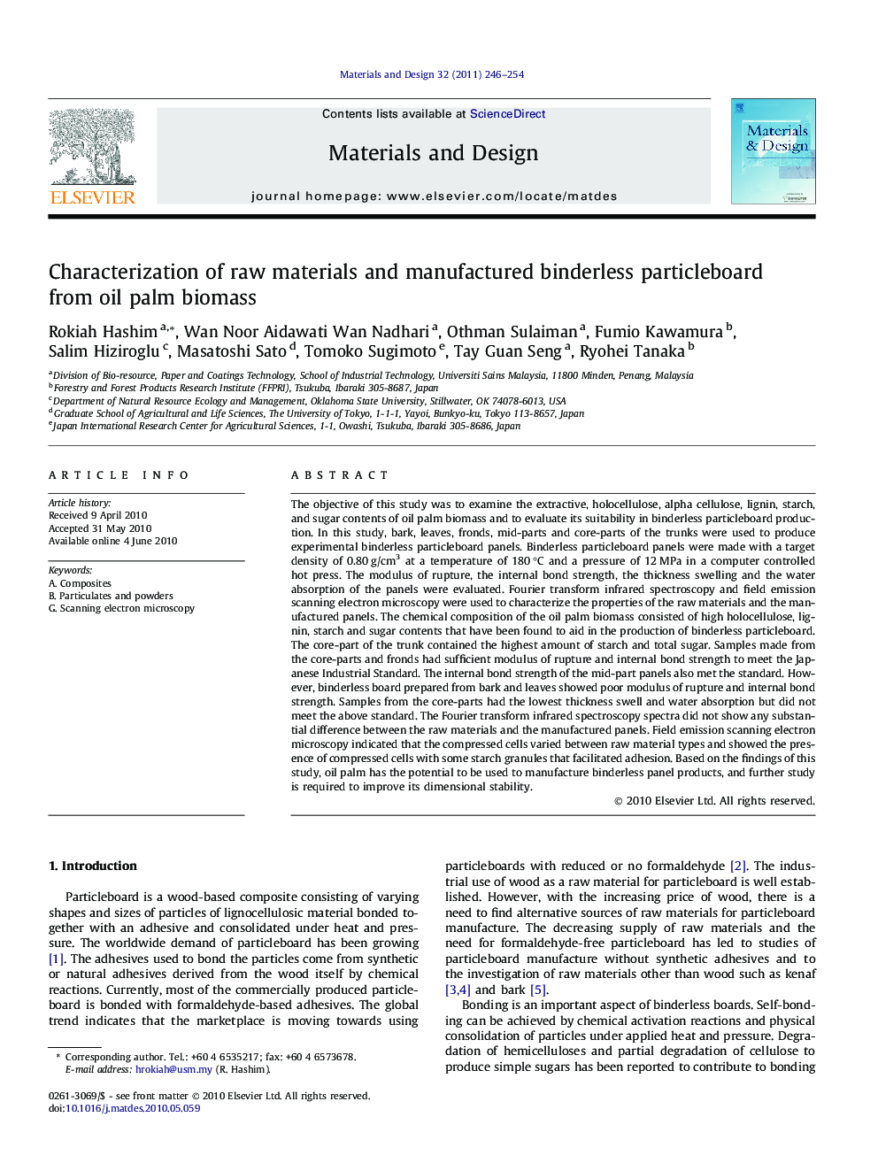 Characterization of raw materials and manufactured binderless particleboard from oil palm biomass