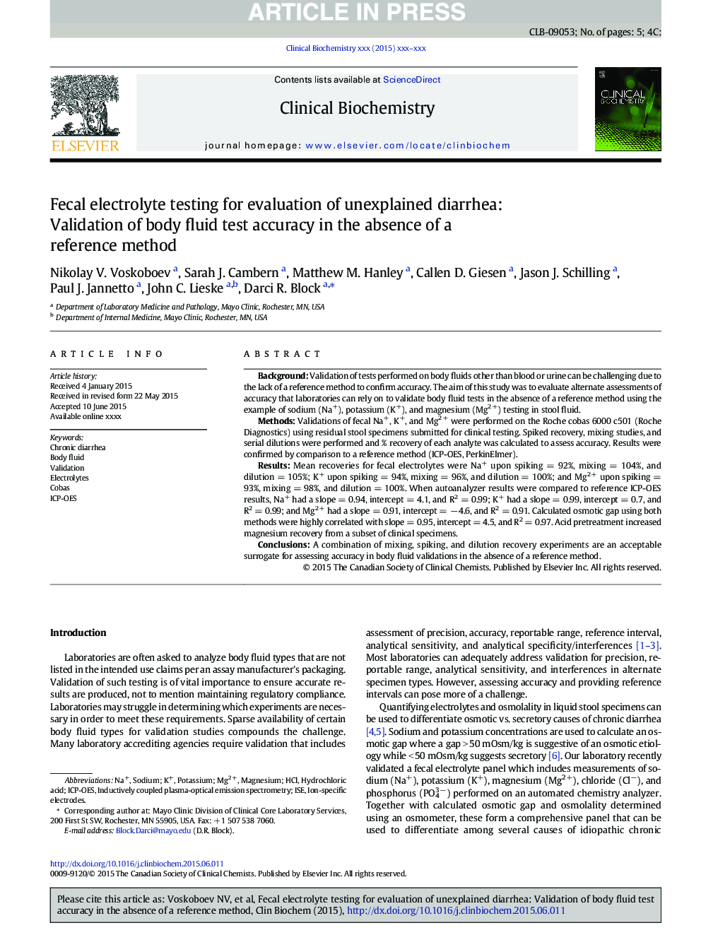 Fecal electrolyte testing for evaluation of unexplained diarrhea: Validation of body fluid test accuracy in the absence of a reference method