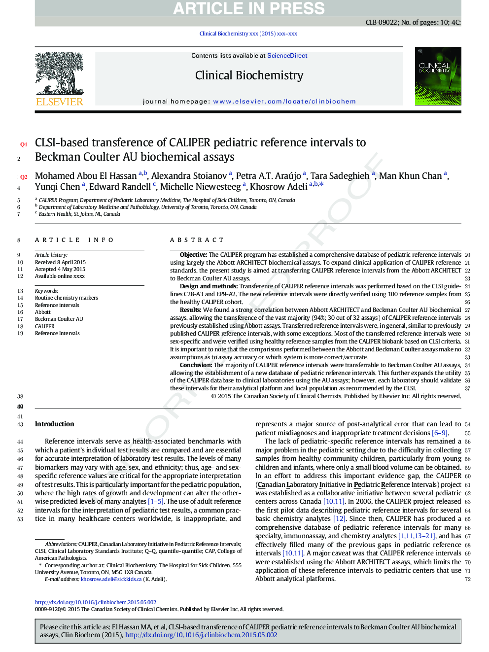 CLSI-based transference of CALIPER pediatric reference intervals to Beckman Coulter AU biochemical assays