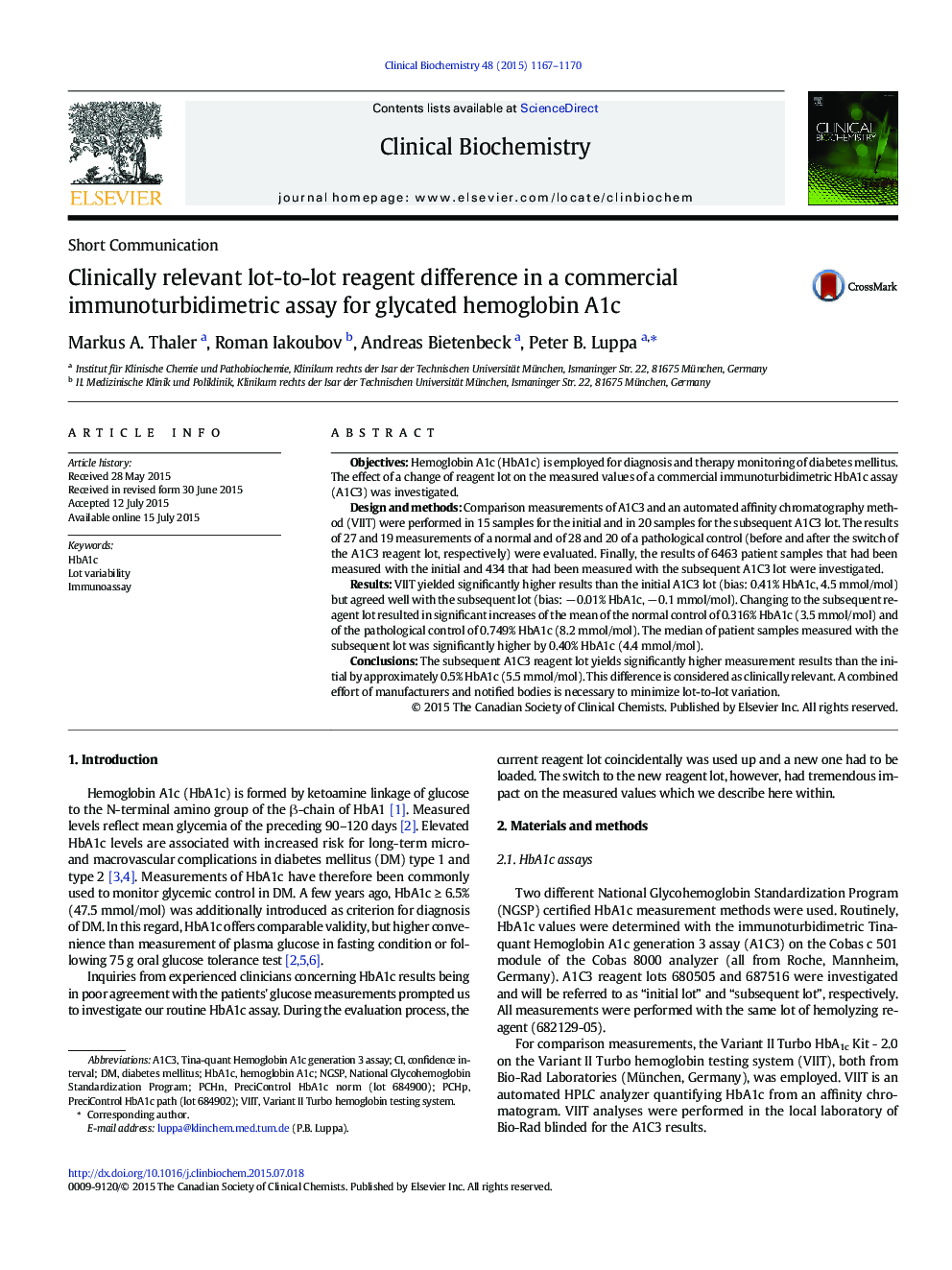 Clinically relevant lot-to-lot reagent difference in a commercial immunoturbidimetric assay for glycated hemoglobin A1c